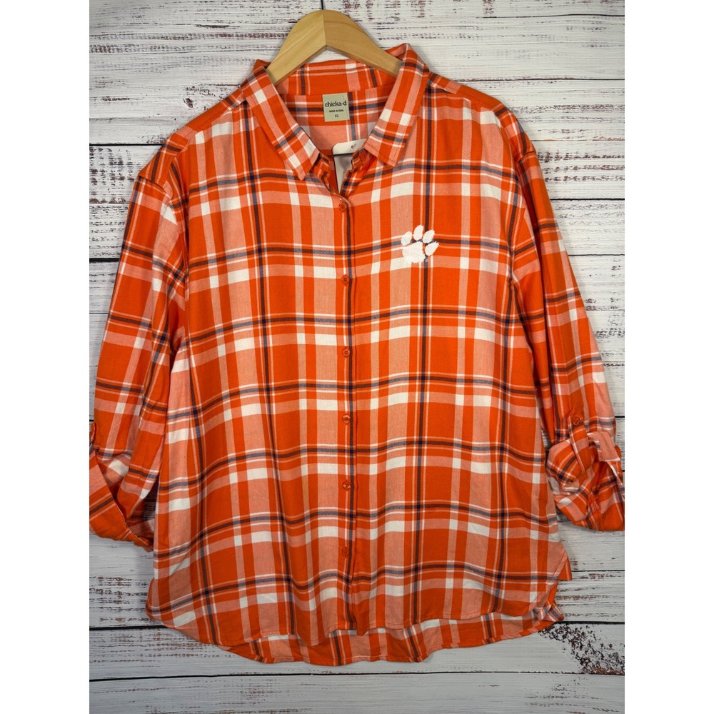 chicka-d Clemson Boyfriend Plaid Button Up Womens XL Orange Game Day Shirt NWT